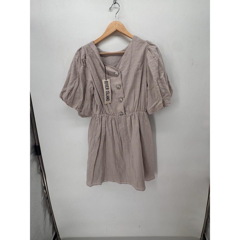 River Island Women's Dress Size 4 Gray Puff Sleeve Rhinestone Button Cottagecore